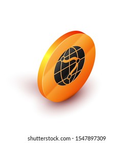 Isometric Location on the globe icon isolated on white background. World or Earth sign. Orange circle button. Vector Illustration