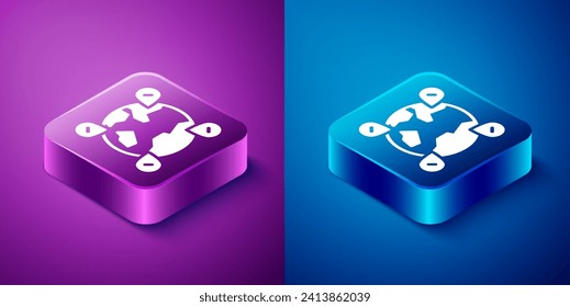 Isometric Location on the globe icon isolated on blue and purple background. World or Earth sign. Square button. Vector