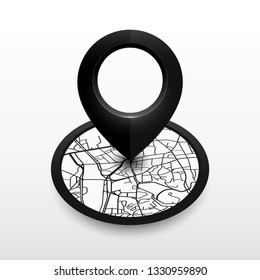 Isometric location pin with city map in radius. icon design blackcolor on white background.vector illustration