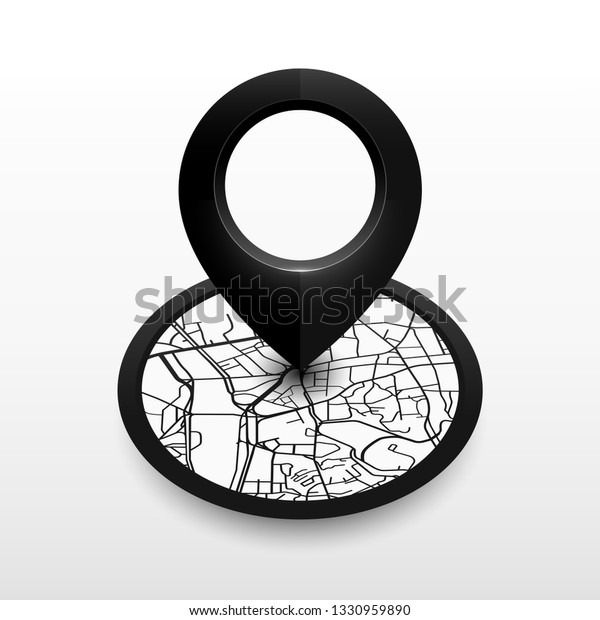 Isometric location\
pin with city map in radius. icon design blackcolor on white\
background.vector\
illustration