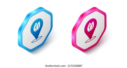 Isometric Location pin with leaf inside icon isolated on white background. Leaves sign. Fresh natural product symbol. Hexagon button. Vector