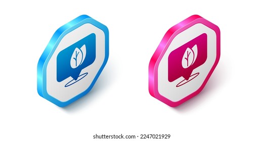 Isometric Location pin with leaf inside icon isolated on white background. Leaves sign. Fresh natural product symbol. Hexagon button. Vector