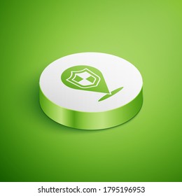 Isometric Location shield icon isolated on green background. Insurance concept. Guard sign. Security, safety, protection, privacy concept. White circle button. Vector.