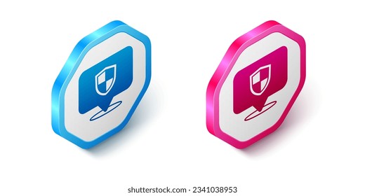 Isometric Location shield icono aislado en fondo blanco. Concepto de seguro. Signo de guardia. Seguridad, seguridad, protección, concepto de privacidad. Botón hexagonal. Vector