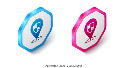 Ícone de escudo de localização isométrica isolado no fundo branco. Conceito de seguro. Sinal de guarda. Segurança, proteção, conceito de privacidade. Botão hexágono. Vetor