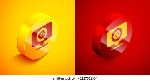 Isometric Location tailor shop icon isolated on orange and red background. Circle button. Vector Illustration