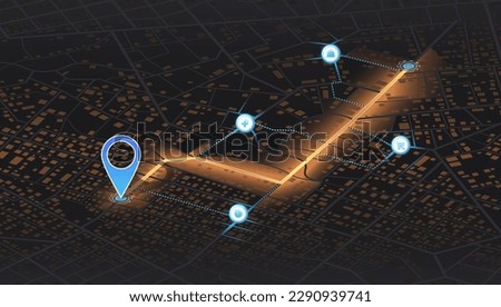 Isometric Location tracks dashboard. City street road. City streets and blocks, route distance data, path turns and destination tag or mark. Huge city top view.