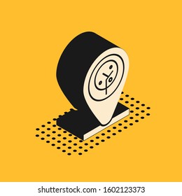 Isometric Location and tree icon isolated on yellow background.  Vector Illustration