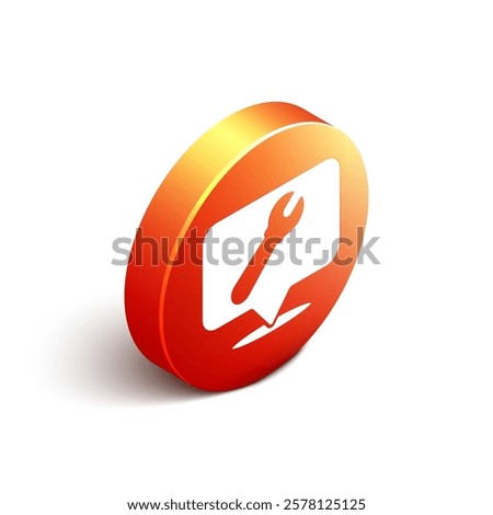 Isometric Location with wrench spanner icon isolated on white background. Adjusting, service, setting, maintenance, repair, fixing. Orange circle button. Vector Illustration