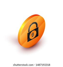 Isometric Lock with bitcoin icon isolated on white background. Cryptocurrency mining, blockchain technology, security, protect, digital money. Orange circle button. Vector Illustration