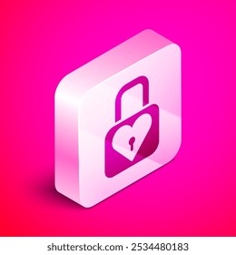 Isometric Lock and heart icon isolated on pink background. Locked Heart. Love symbol and keyhole sign. Valentines day symbol. Silver square button. Vector