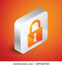 Isometric Lock icon isolated on orange background. Closed padlock sign. Cyber security concept. Digital data protection. Safety safety. Silver square button. Vector Illustration