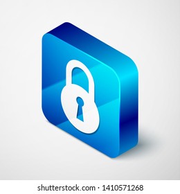 Isometric Lock icon isolated on white background. Padlock sign. Security, safety, protection, privacy concept. Blue square button. Vector Illustration