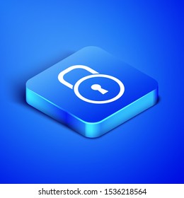Isometric Lock icon isolated on blue background. Padlock sign. Security, safety, protection, privacy concept. Blue square button. Vector Illustration