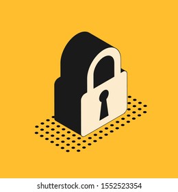 Isometric Lock icon isolated on yellow background. Closed padlock sign. Cyber security concept. Digital data protection. Safety safety.  Vector Illustration