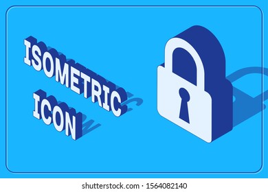 Isometric Lock icon isolated on blue background. Closed padlock sign. Cyber security concept. Digital data protection. Safety safety.  Vector Illustration