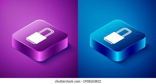 Isometric Lock icon isolated on blue and purple background. Padlock sign. Security, safety, protection, privacy concept. Square button. Vector Illustration