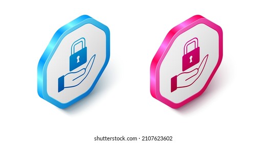 Isometric Lock icono aislado en fondo blanco. Señal de bloqueo. Seguridad, seguridad, protección, concepto de privacidad. Botón hexagonal. Vector