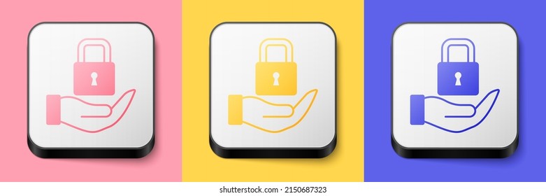 Isometric Lock icon isolated on pink, yellow and blue background. Padlock sign. Security, safety, protection, privacy concept. Square button. Vector