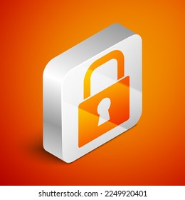 Isometric Lock icon isolated on orange background. Padlock sign. Security, safety, protection, privacy concept. Silver square button. Vector