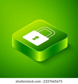 Isometric Lock icon isolated on green background. Padlock sign. Security, safety, protection, privacy concept. Green square button. Vector