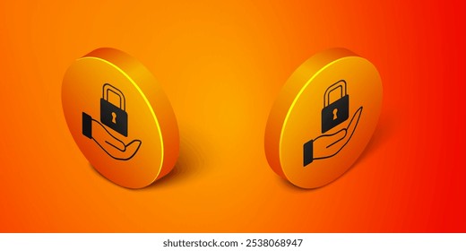 Icono de bloqueo isométrico aislado sobre fondo naranja. Señal de candado. Seguridad, seguridad, protección, concepto de privacidad. Botón de círculo anaranjado. Vector