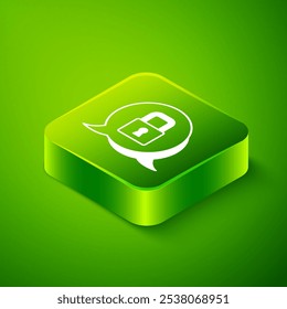 Isometric Lock icon isolated on green background. Padlock sign. Security, safety, protection, privacy concept. Green square button. Vector