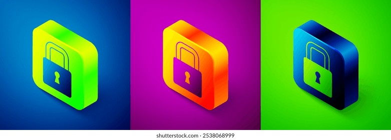 Isometric Lock icon isolated on blue, purple and green background. Padlock sign. Security, safety, protection, privacy concept. Square button. Vector