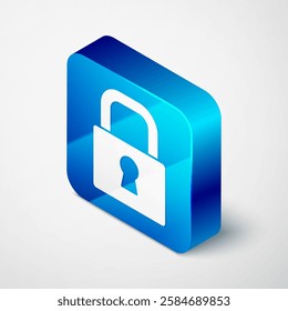Isometric Lock icon isolated on grey background. Padlock sign. Security, safety, protection, privacy concept. Blue square button. Vector