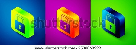Isometric Lock icon isolated on blue, purple and green background. Padlock sign. Security, safety, protection, privacy concept. Square button. Vector