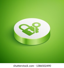 Isometric Lock and key icon isolated on green background. Padlock sign. Security, safety, protection, privacy concept. White circle button. Vector Illustration