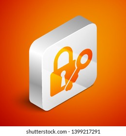 Isometric Lock and key icon isolated on orange background. Padlock sign. Security, safety, protection, privacy concept. Silver square button. Vector Illustration