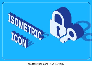 Isometric Lock and key icon isolated on blue background. Padlock sign. Security, safety, protection, privacy concept.  Vector Illustration