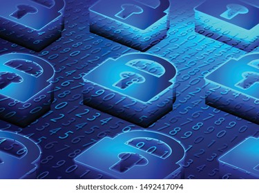 Isometric Lock, Padlock, Keyhole. Cyber security and information or network protection. Future cyber technology web services for business and internet project.