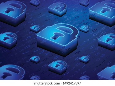 Isometric Lock, Padlock, Keyhole. Cyber security and information or network protection. Future cyber technology web services for business and internet project.