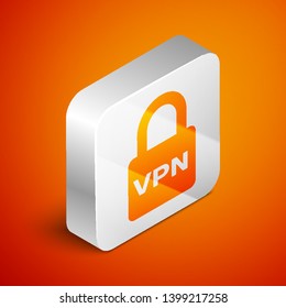 Isometric Lock VPN icon isolated on orange background. Silver square button. Vector Illustration