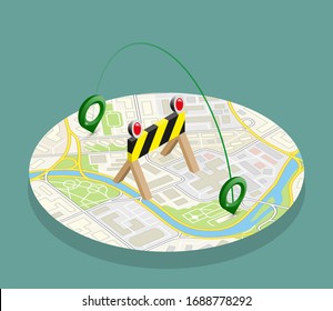 Isometric lockdown Route circle map banner. 3d vector curfew application isometry city. Low poly style quarantine model