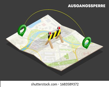 Banner de mapa de papel cuadrado de la ruta de bloqueo isométrico. Ciudad de isometría de aplicación vectorial 3d. Modelo de cuarentena de bajo tipo polo, ausgangssperre de texto alemán, en toque de queda en inglés