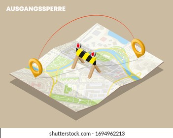 Isometrisches Flockenturm-Kartographenbanner auf der Route. 3D-Vektorillustration-Curselinjektionsort. Quarantänemodell in Low-Poly-Ausführung, deutsche Textausgangsperre, in englischer Sprache