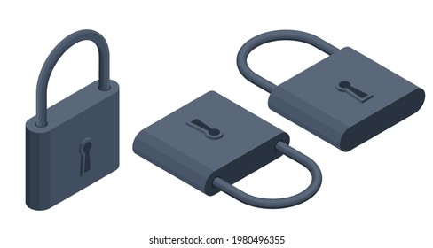 Isometric Locked Black Padlock on the white background.