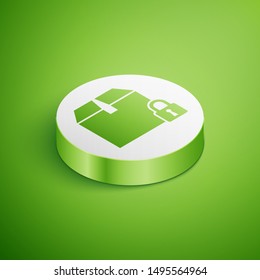 Isometric Locked package icon isolated on green background. Lock and cardboard box. White circle button. Vector Illustration