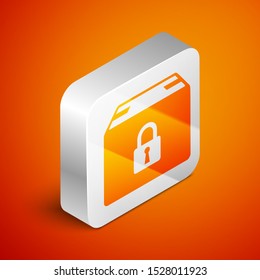 Isometric Locked package icon isolated on orange background. Lock and cardboard box. Silver square button. Vector Illustration