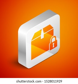 Isometric Locked package icon isolated on orange background. Lock and cardboard box. Silver square button. Vector Illustration