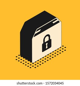 Isometric Locked package icon isolated on yellow background. Lock and cardboard box.  Vector Illustration