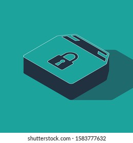 Isometric Locked package icon isolated on green background. Lock and cardboard box.  Vector Illustration