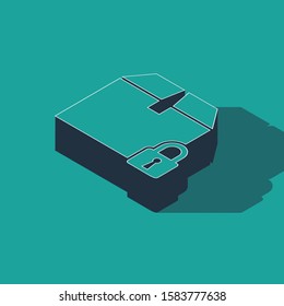 Isometric Locked package icon isolated on green background. Lock and cardboard box.  Vector Illustration