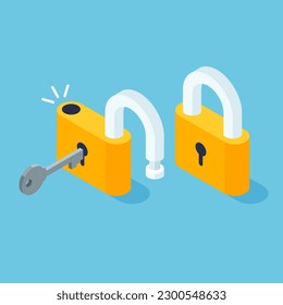 Isometric locked and unlocked lock. Open and closed padlock with key. Vector illustration in trendy 3d style isolated on blue background.