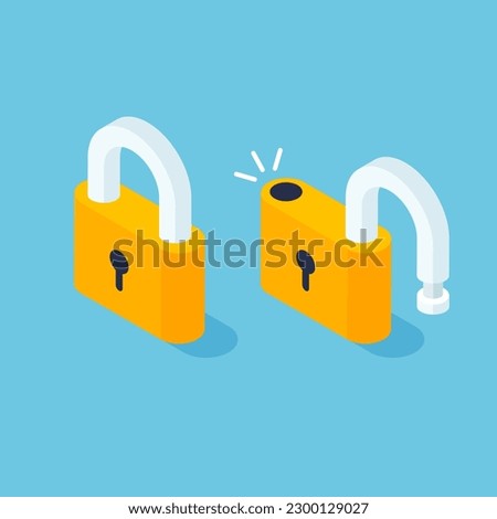 Isometric locked and unlocked lock. Open and closed padlock. Vector illustration in trendy 3d style isolated on blue background.