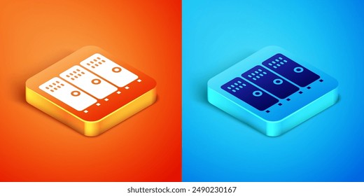 Isometric Locker or changing room for hockey, football, basketball team or workers icon isolated on orange and blue background.  Vector