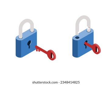 Isometric locks and key. Vector illustration.